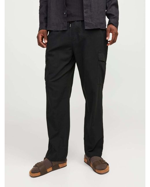 Jack & Jones Black Loose Fit Linen Blend Cargo Trousers for men