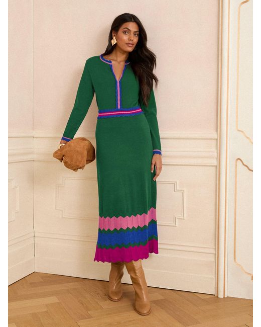 Love & Roses Notch Neck Knitted Midi Dress in Green | Lyst