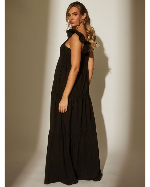 South Beach Black 100% Cotton Frill Sleeve Tiered Maxi Dress
