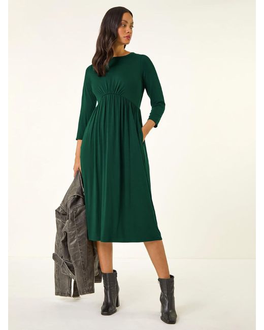 Roman Green Gathered Pocket Stretch Midi Dress