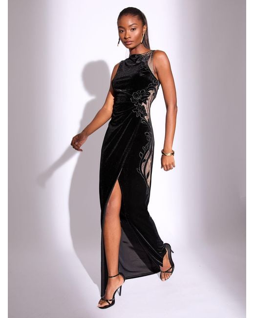 Lipsy Women's White Petite Velvet Mesh Mix Appliqué Maxi Dress