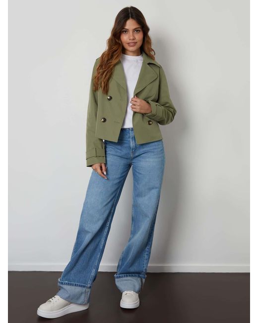 Threadbare Green Double Breasted Cropped Trench Jacket