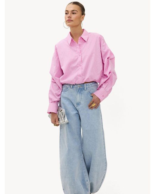 Loavies Pink Stripe Ruched Sleeve Blouse