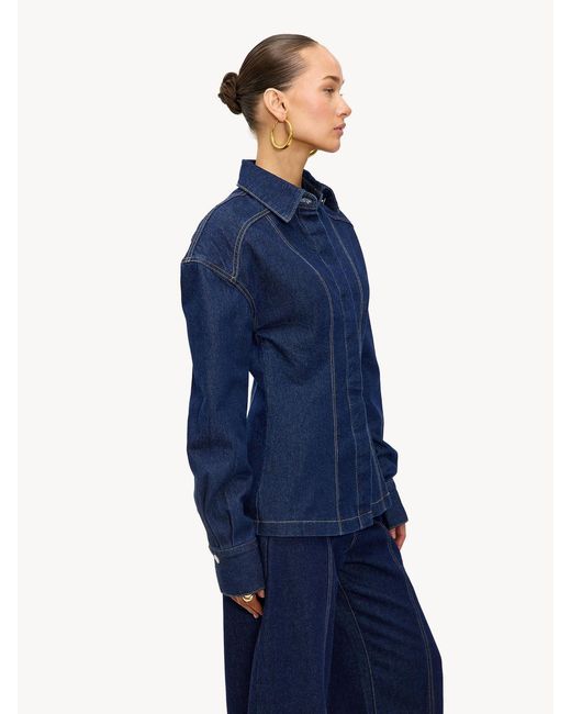 Loavies Blue Under Falling Leaves Tailored Button Up Denim Blouse
