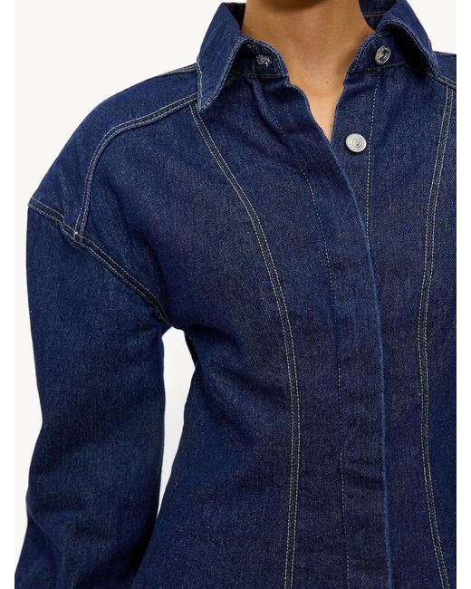 Loavies Blue Under Falling Leaves Tailored Button Up Denim Blouse