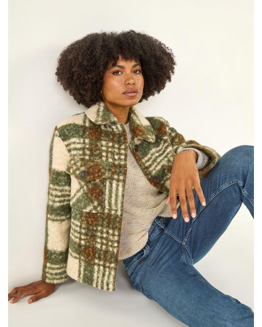 Roman Green Check Print Button Borg Jacket