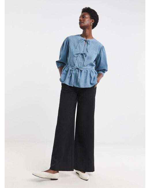 JD Williams Blue Peplum Puff Sleeve Denim Top