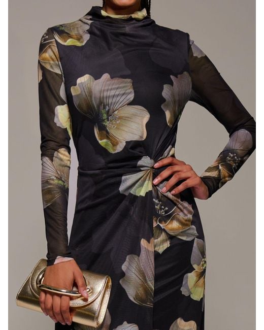 Jolie Moi Gray High Neck Long Sleeve Mesh Maxi Dress