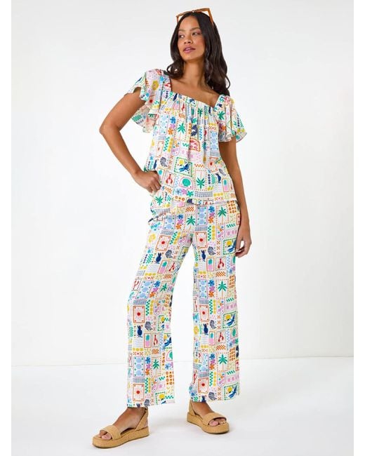 Roman White Patchwork Palm Ruffle Shirt