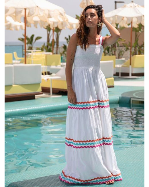 South Beach Blue Cotton Multi Ric Rac Shirred Tiered Maxi Dress