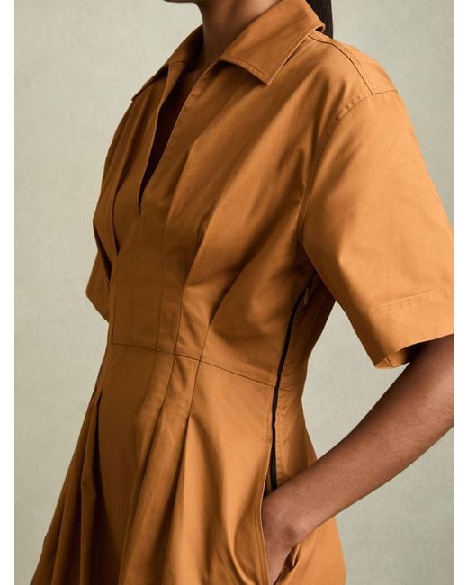 Reiss Brown Aubrey Cotton Pleated-Waist Midi Dress
