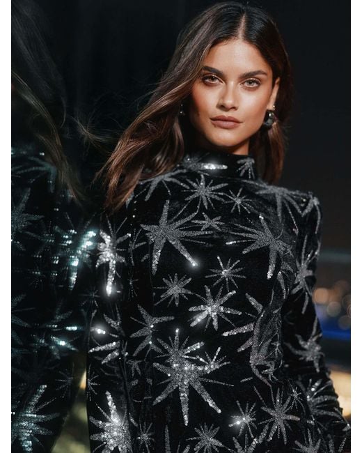 glitter drape dress CHANEL Shiny Sequin Long Sleeve Mini Dress Black main image 0