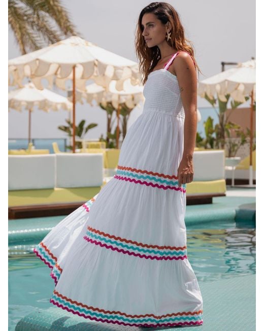 South Beach Blue Cotton Multi Ric Rac Shirred Tiered Maxi Dress