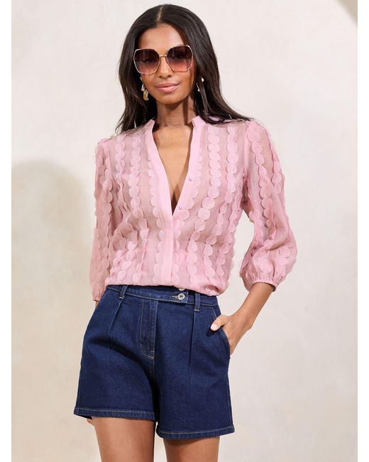 Lipsy Pink 3D Fabric Grandad Collar Short Sleeve Shirt