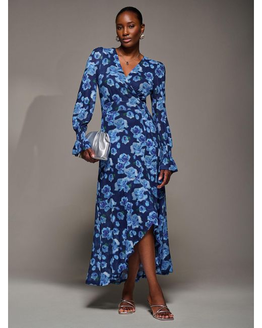 Jolie Moi Women's Blue Ruffle Cuffed Sleeve Frill Mesh Maxi Dress Jolie Moi Women's Blue Ruffle Cuffed Sleeve Frill Mesh Maxi Dress