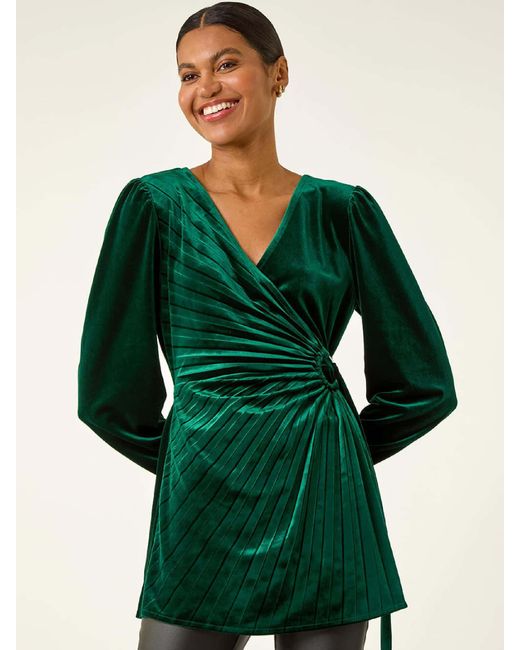 Roman Green Velvet Pleated Wrap Blouse