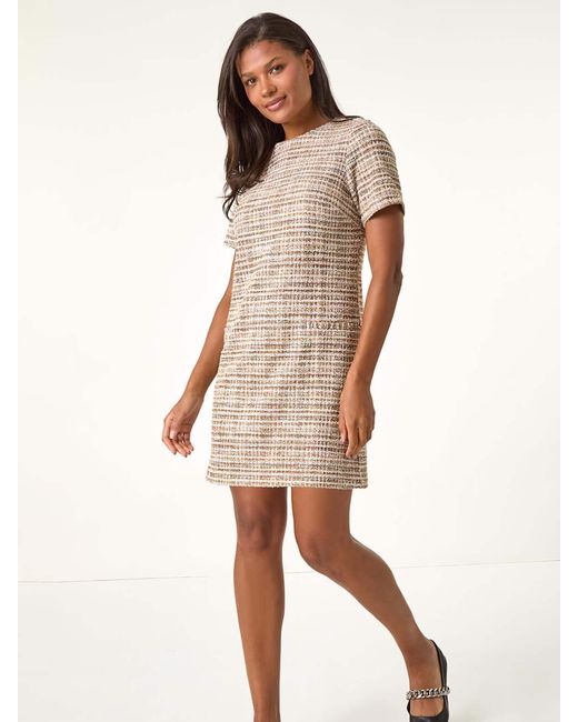 Roman Brown Textured Pocket Stretch Shift Dress