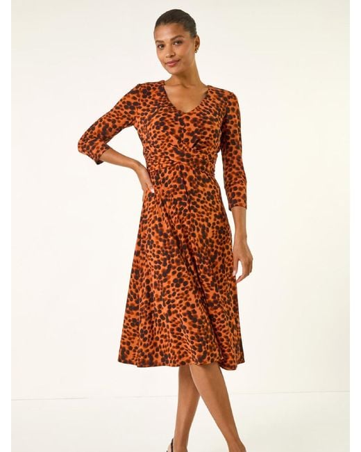 Roman Orange Spot Wrap Bodice Dress