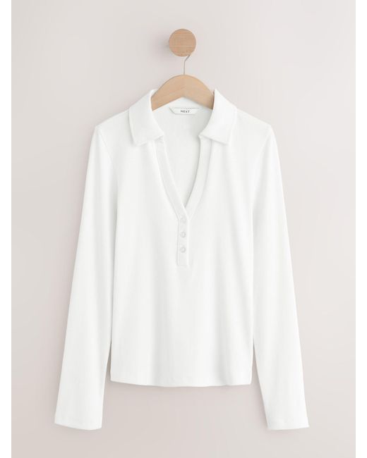 Next White Henley Long Sleeve Button Down Top
