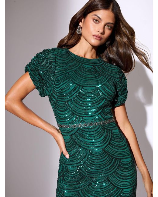 Lipsy Green Sleeve Fit Premium Sequin Embellished Short And Flare Midi Dress