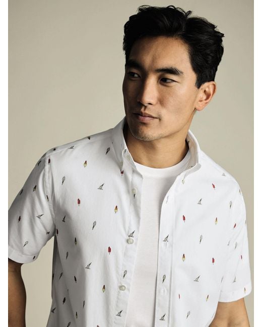 Charles Tyrwhitt White Slim Fit Ice Cream Short Sleeve Non-Iron 100% Cotton Print Shirt for men