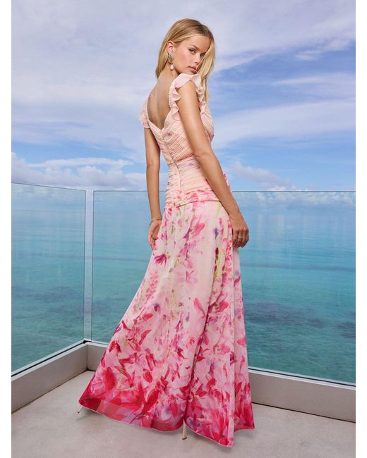 Lipsy Pink Petite Floral Printed Frill Sleeve Maxi Dress