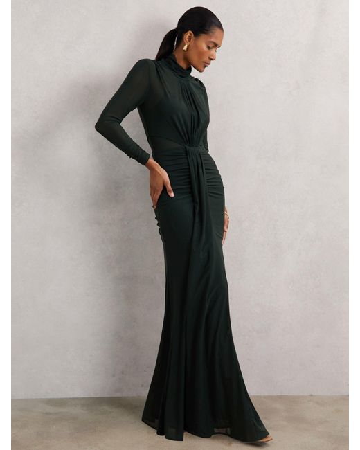 Reiss Green Danni Petite Ruched Long-Sleeve Maxi Dress