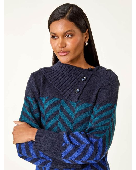 Roman Blue Stripe Roll Neck Knit Jumper