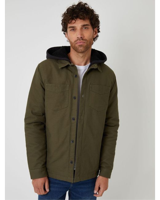Threadbare Green Quilted Shacket With Borg Lined Hood for men