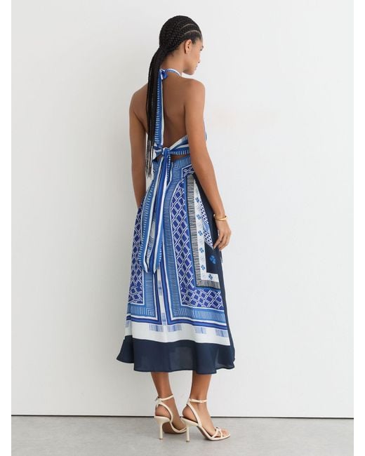 Reiss Blue Scarf-Print Halterneck Midi Dress