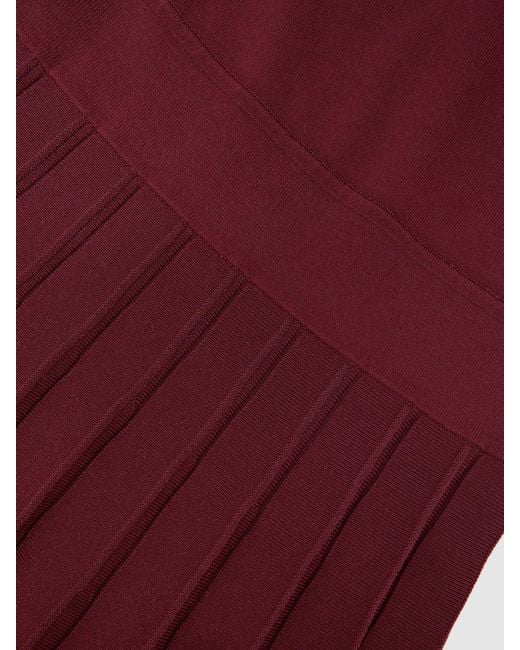 Reiss Red Petite Belted Knit Pleated Midi Dress