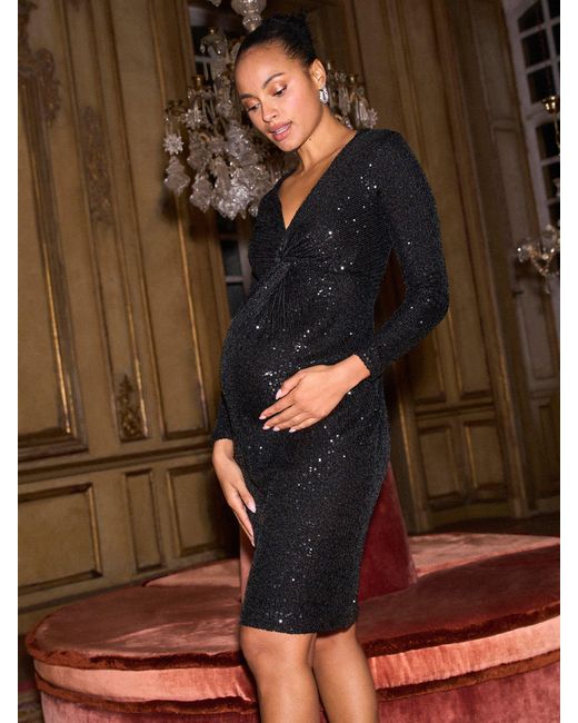 Seraphine Brown Premium Knot Front Sequin Maternity Dress