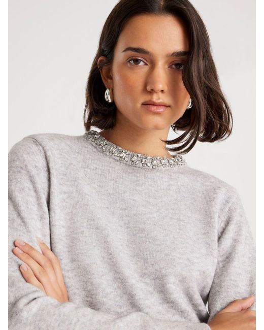 River Island Gray Crew Neck Embellished Trim Jumper