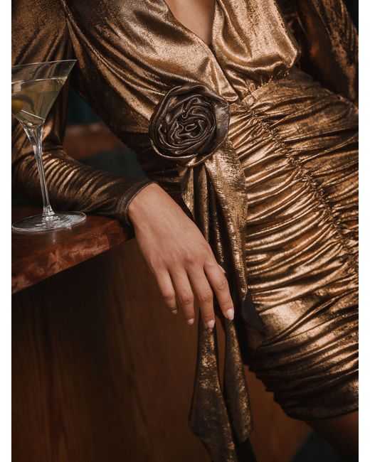 Lipsy Black Metallic Plunge Neck Ruched Corsage Long Sleeve Mini Dress