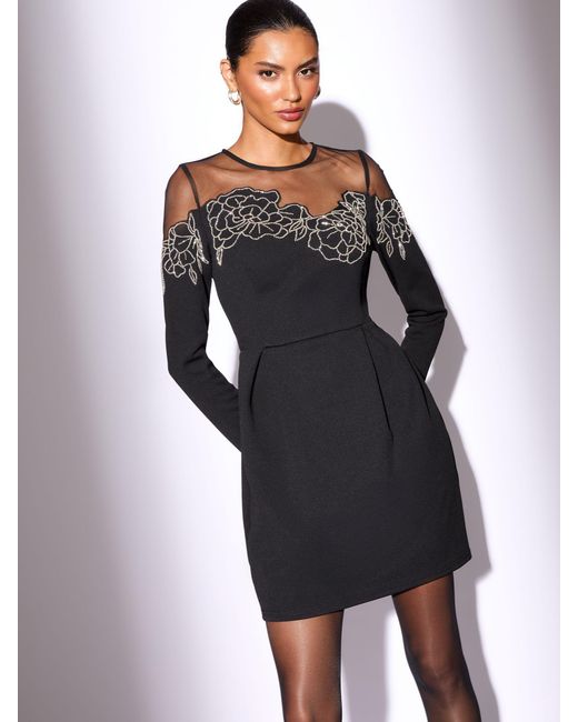 lipsy black skater dress Skater Mini Dresses With Sleeves Lipsy Women's Black Embellished Floral  Long Sleeve Skater Mini