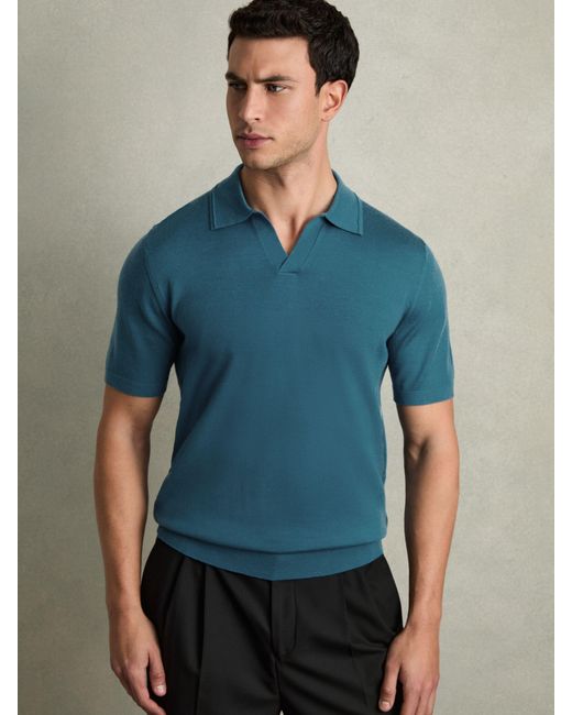 Reiss Duchie - Deep Teal Blue Merino Wool Open-collar Polo Shirt, Xs for men