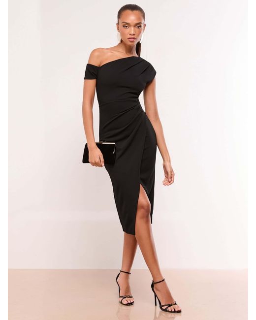Lipsy Petite Off The Shoulder Gathered Waist Midi Dress in Black | Lyst
