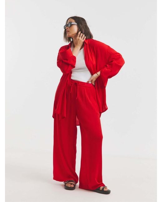 Simply Be Red Tie Waist Crinkle Wide Leg Trousers