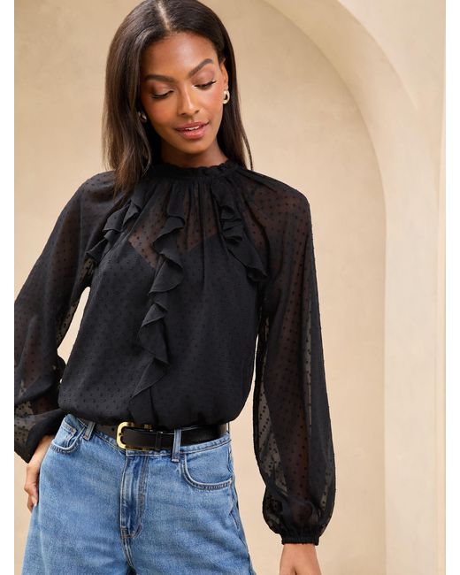 Lipsy Black Bluse Als Dobby-Stoff Mit Rüschenbesatzeu 42 (Uk 14)