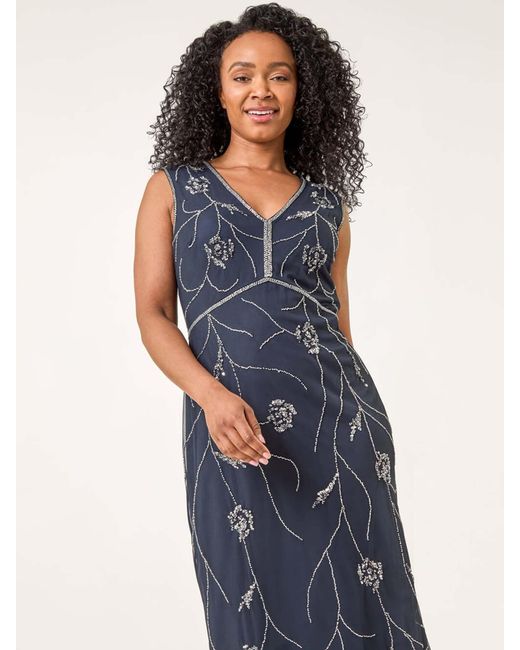 Roman Blue Petite Embellished V-Neck Midi Dress