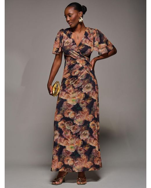 Jolie Moi Brown Angel Sleeve Draped Mesh Maxi Dress