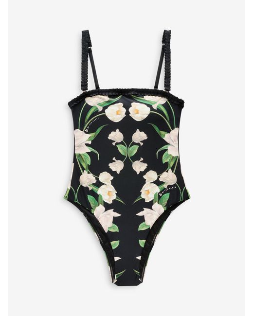 Ted Baker Black Bauchformender Badeanzug Mit Floralem Rüschenbesatz