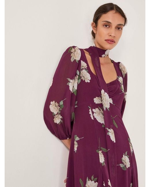 Monsoon Purple Amber Floral Print Midi Dress & Scarf