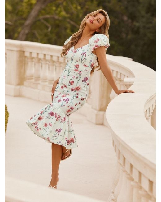 peplum lipsy dress Lipsy Floral Puff Sleeve V-Neck Peplum Hem Bodycon Midi Dress in Natural