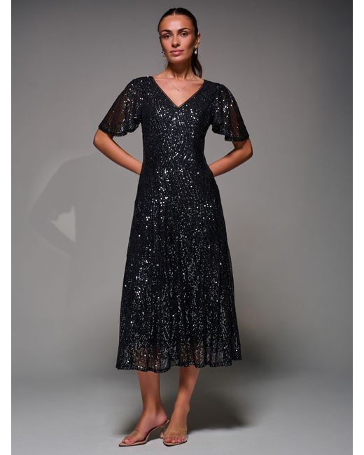 Jolie Moi Black Sequin Angel Sleeve Fit & Flare Midaxi Dress