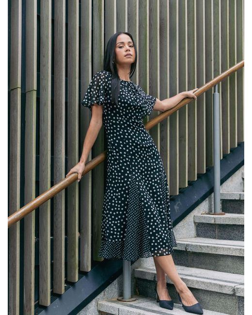 Roman Green Spot Print Godet Hem Midi Dress