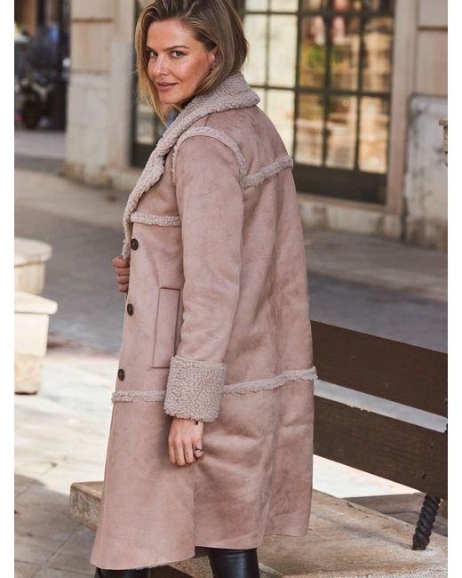 Sosandar Gray Zweireihiger Mantel Aus Velourslederimitat Und Lammfell