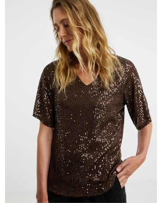 JD Williams Brown Sequin V-Neck Angel Sleeve Top