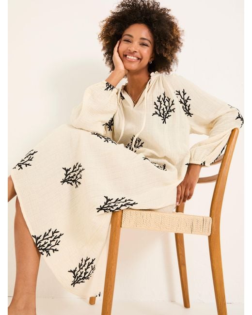 FatFace Natural Fatface Beachwear Coral Embroidered Kaftan Dress