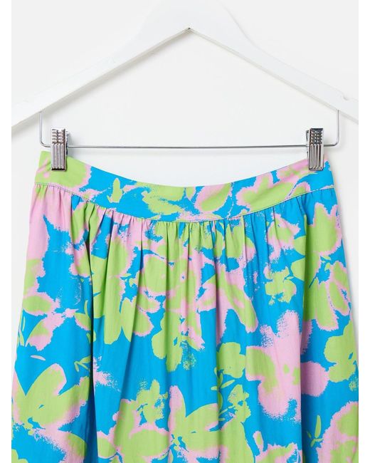 Oliver Bonas Blue 100% Cotton Luminous Floral Tiered Midi Skirt